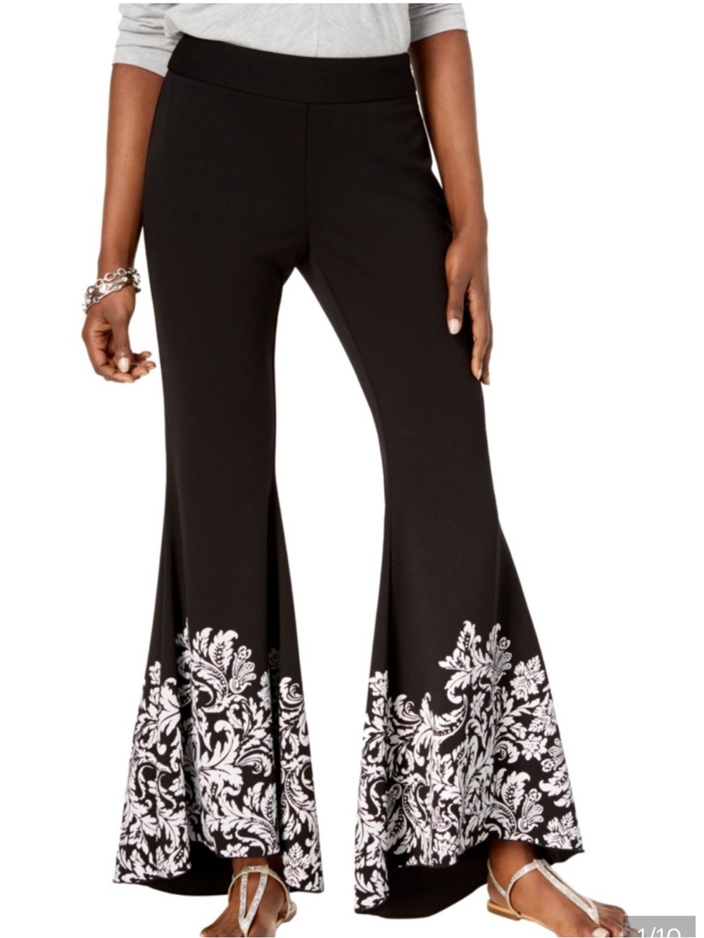 INC International Concepts "Bloom" Black Printed Hem Flared Pants  2